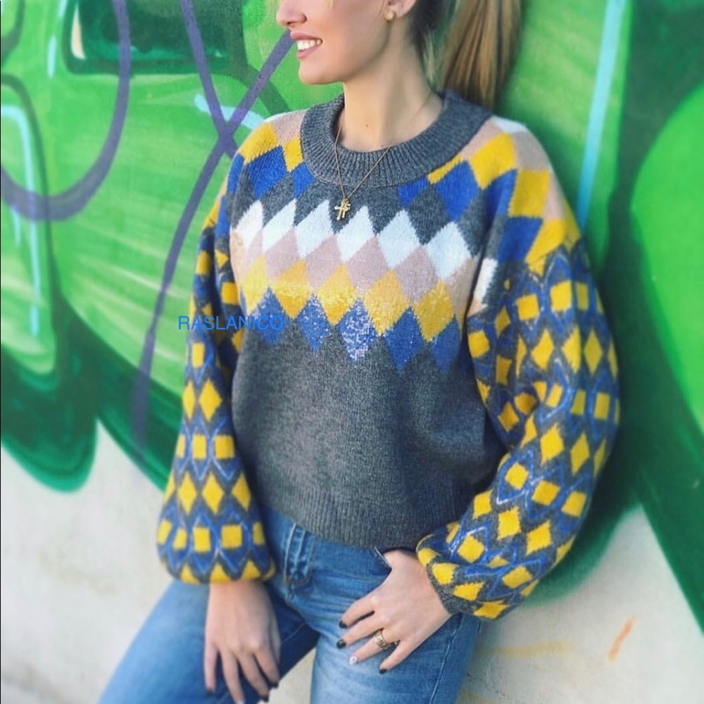 ZARA Sequin Argyle Sweater - Picture 3 of 8